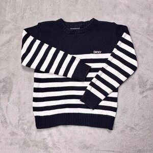DKNY Kids‎ Navy Striped Logo Sweater Preppy Coastal Chic Knit Crewneck